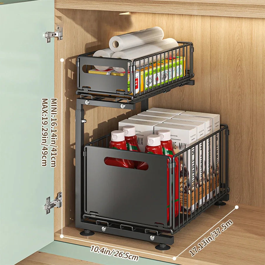 2-Tier Adjustable Pull-Out Under Sink Organizer - Heavy-Duty Adjustable Kitchen Cabinet Storage Rack